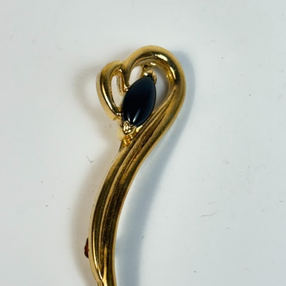 Brooch Pin 1980s Gold Tone Black Stone Abstract Swoop Shape